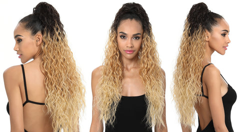 BELLE DRAWSTRING LONG WAVY CURLY CLIP ON PONYTAIL.  For UK black women, teenage girls and school girls. From Kinky wigs. Cheap wigs, weaves, fashion idol crochet braids, kinky ponytails in human hair and virgin hair. 