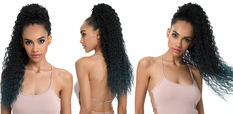 LONG TIGHT CURLY WET LOOK PONYTAIL.   For UK black women, teenage girls and school girls. From Kinky wigs. Cheap wigs, weaves, fashion idol crochet braids, kinky ponytails in human hair and virgin hair. 