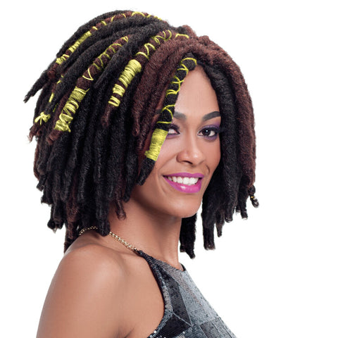 FREEDOM BRAID COLLECTION BY SLEEK CRO VIRGIN LOCS GOLD Synthetic crochet braid.   Chunky Faux locs braids with golden embellished yarns.  Natural boho style.  For natural UK black women. Available now from the Kinky Wigs store- the best online source for natural looking wigs, weaves, ponytails, clip in extensions and crochet braids.   cheap hair uk