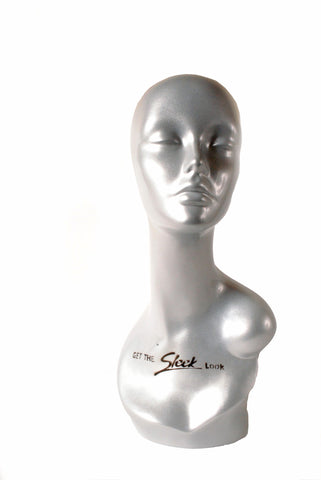 silver glossy mannequin head for wig display.  For UK black women and girls.  www.kinky-wigs.com cheap wigs, lace wigs, weaves, clip in extensions, crochet braids and ponytails in human and synthetic hair.